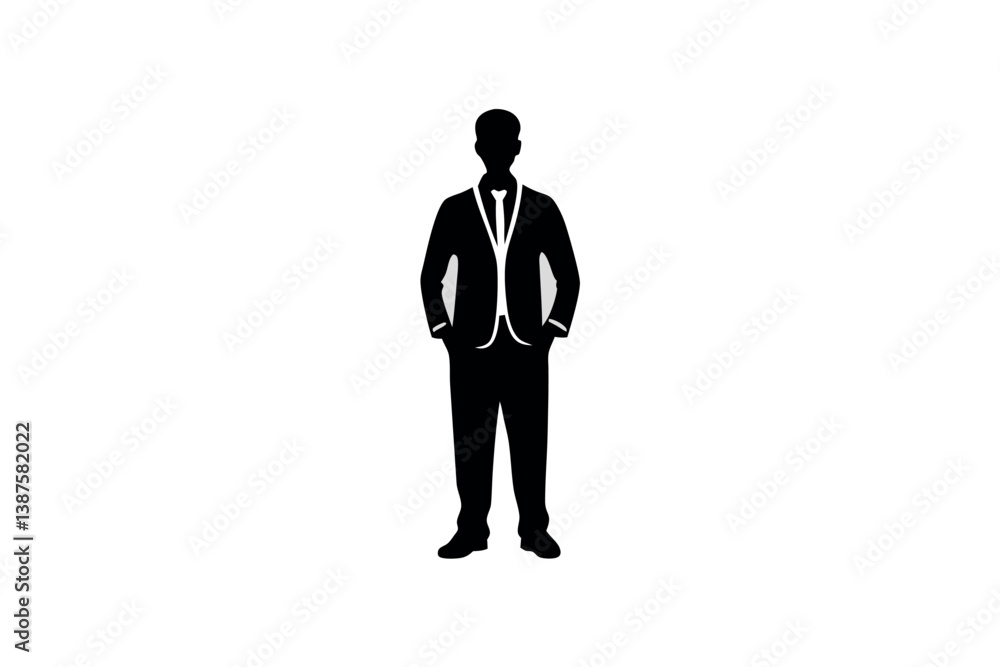 Confident businessman standing alone in suit with hands in pockets, isolated on white in minimalist silhouette Confident businessman standing alone in suit with hands in pockets, isolated on white in minimalist silhouette