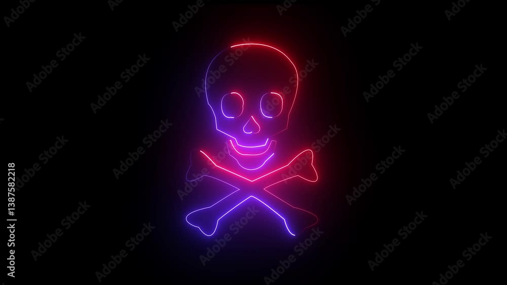 Skull Crossbones neon sign appear in center and disappear after some time. on the black, background Animated neon icon Looped animation. Skull Crossbones neon sign appear in center and disappear after some time. on the black, background Animated neon icon Looped animation.