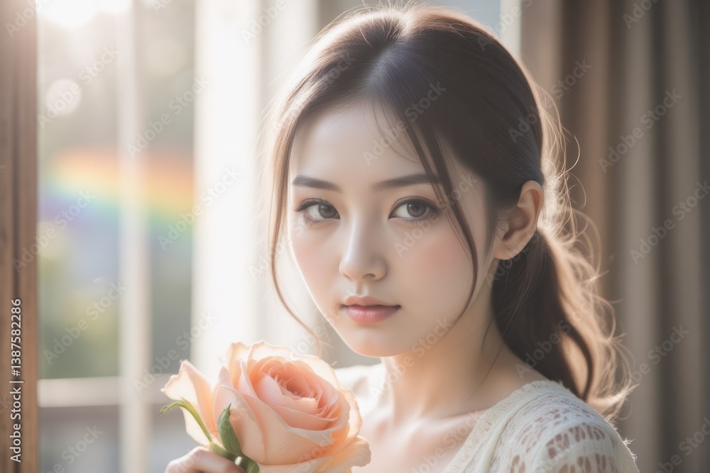 Beautiful Asian Woman Holding Peach Rose, Natural Light Portrait, Beauty and Romance Beautiful Asian Woman Holding Peach Rose, Natural Light Portrait, Beauty and Romance