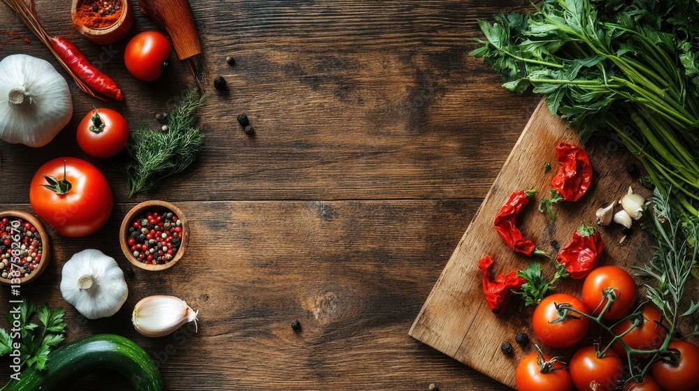 Fresh vegetables and herbs on rustic wooden table. Kitchen food prep Fresh vegetables and herbs on rustic wooden table. Kitchen food prep