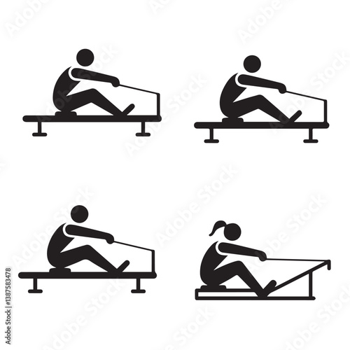 A set of icons of athletes training on rowing machines using oars. The icons are simple and vector-based, designed for web use. There are four icons in the set. Each icon is placed on a white backgrou