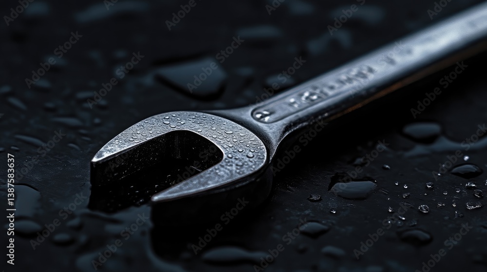 Fototapeta premium Close-up of a wrench on a dark surface with water droplets