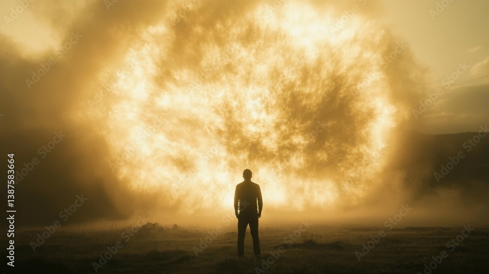 Fototapeta premium Person Watching Explosion Dramatic Scene in a Field