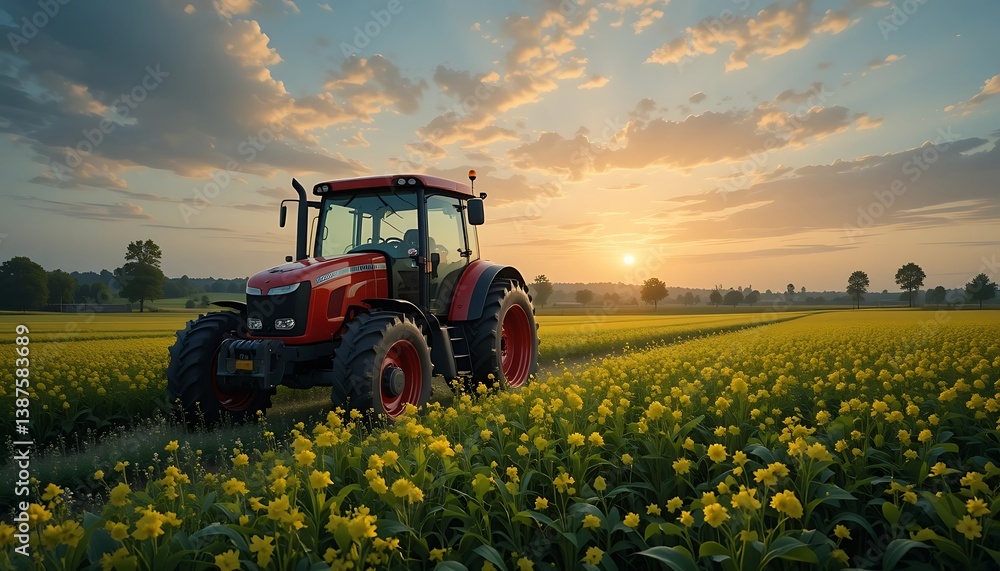 Fototapeta premium Tractor Working in Yellow Flower Field at Sunset Landscape