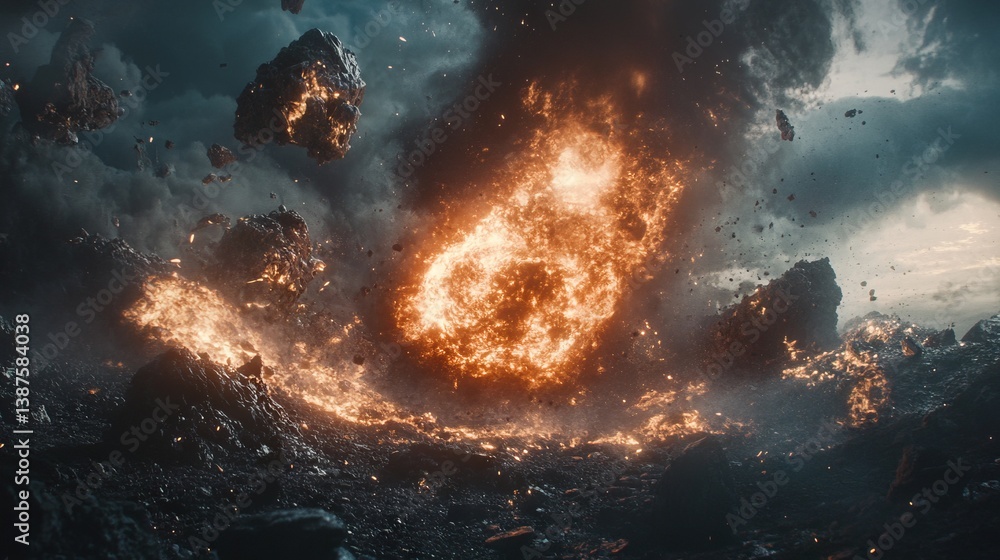 Obraz premium Explosive Destruction Scene with Fire, Rocks and Dramatic Sky
