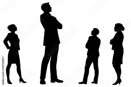 Corporate group illustration showcasing hierarchy, confidence, cooperation and team building in a professional setting