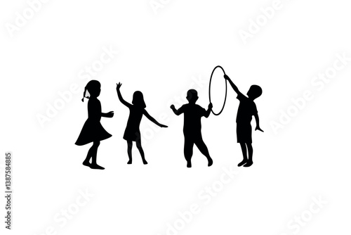 Children playing with a hoop, jumping and dancing in a fun silhouette design, ideal for energetic outdoor activities