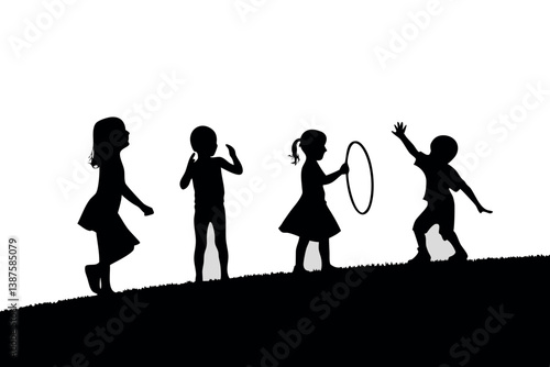 Kids playing outside with a hula hoop and balloons in silhouette, showing energy and carefree childhood play