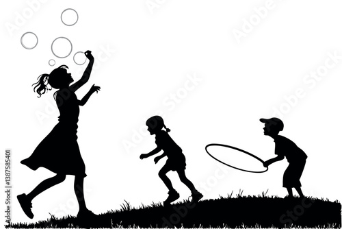 Children running and playing outdoors, capturing joy and playful spirit in a beautiful silhouette scene