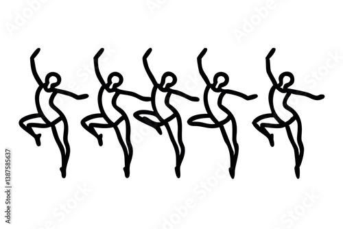 Stylized silhouette of five ballet dancers performing graceful dance moves in motion