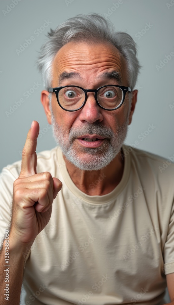 Obraz premium An elderly man with gray hair and glasses looks directly at the camera, raising a finger in a gesture of urgency. His wide eyes and open mouth convey a sense of surprise, making this image perfect for