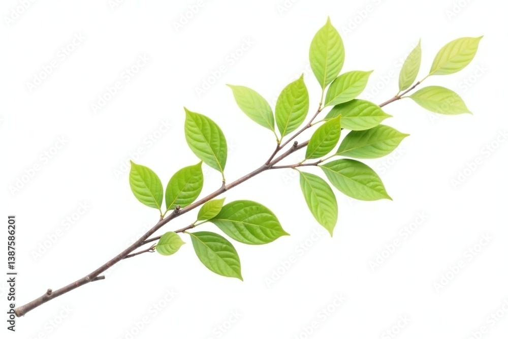 Fototapeta premium A single bare branch with leafy foliage on white background, leafy branch, branch with leaves, bare branch with greenery white background isolated
