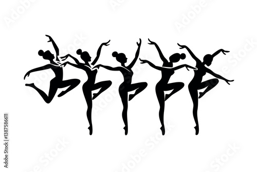 Ballet dancers in black silhouette performing elegant dance poses on a white background