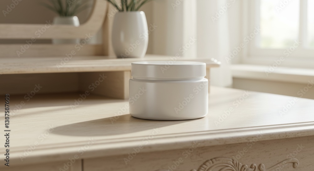 Fototapeta premium Elegant dressing table scene featuring a blank white container mock-up