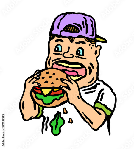 Vector color image of teenager in a cap lively eating a big burger on a white isolated background