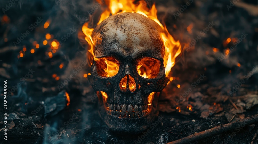 Burning Skull with Flames and Smoke Grim Halloween Concept Image Burning Skull with Flames and Smoke Grim Halloween Concept Image
