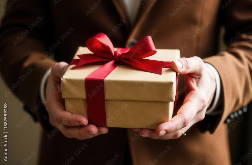 Gift wrapped box with red ribbon held by male adult Gift wrapped box with red ribbon held by male adult