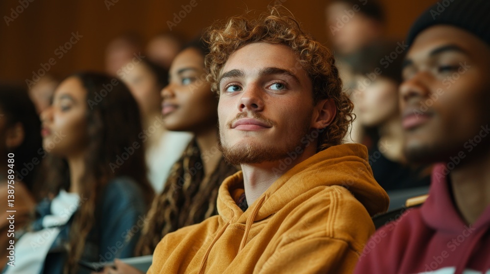 Diverse students engaged in university lecture hall with professor presenting on large screen Diverse students engaged in university lecture hall with professor presenting on large screen