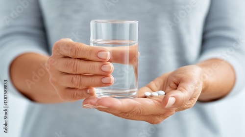 Senior hands holding glass of water and pills