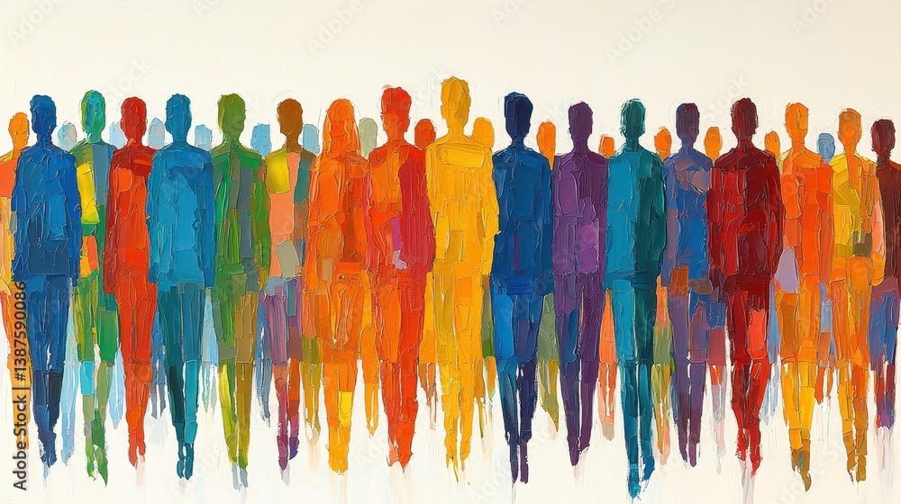Obraz premium A dynamic, abstract tableau of countless figures, each rendered in vibrant hues, forming a generative AI artwork, capturing the energy and creativity of the digital age. 