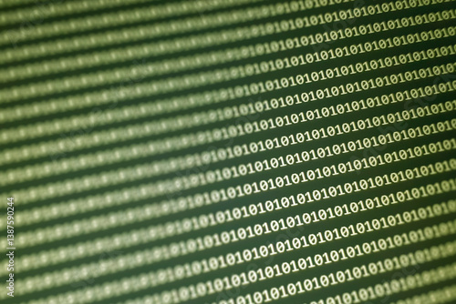 Abstract digital background featuring a matrix of binary code in green tones. This visually striking pattern represents technology and data concepts.
