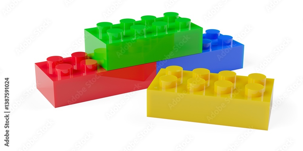 Obraz premium Three red, green and blue colored plastic toy bricks or blocks stacked together with one yellow in front on white background