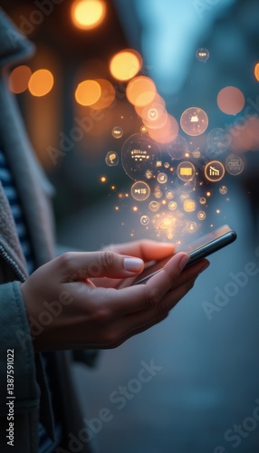 A close-up of a hand holding a smartphone, surrounded by a magical burst of glowing social media icons. This captivating image illustrates the power of digital connectivity, showcasing how technology
