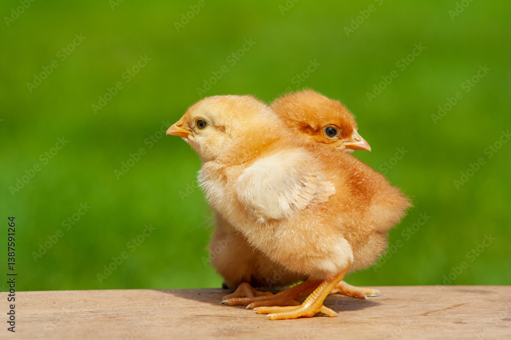Two adorable chicks standing together on a wooden surface against a blurred green background, symbolizing innocence and nature. Two adorable chicks standing together on a wooden surface against a blurred green background, symbolizing innocence and nature.