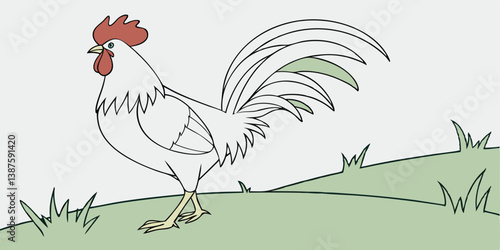 Vector Chicken Illustration: Hand-Drawn Rooster in a Green Field Design