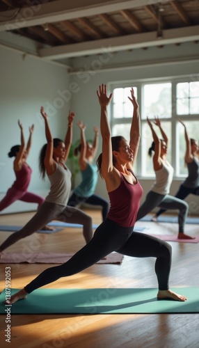 A dynamic scene captures a group of women engaged in a yoga class, showcasing strength and unity as they stretch gracefully. The warm sunlight filters through large windows, illuminating their focused