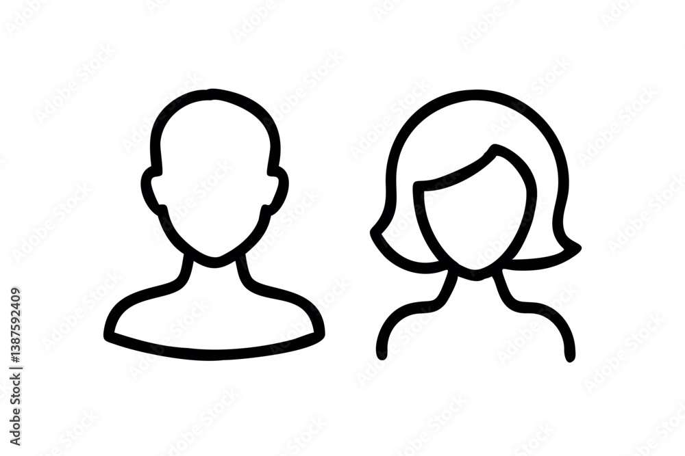 Minimalist black and white illustration of two featureless human figures, representing diversity, gender equality, and unity in a clean design Minimalist black and white illustration of two featureless human figures, representing diversity, gender equality, and unity in a clean design