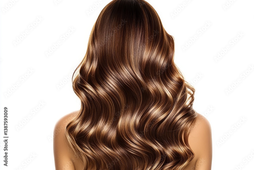 Fototapeta premium Woman's back view showcasing luxurious brown hair with highlights and curls. 