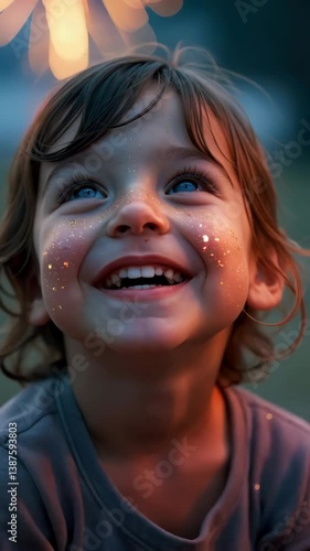 Joyful child with sparkles on their face, celebrating the 4th of July with excitement and happiness. 