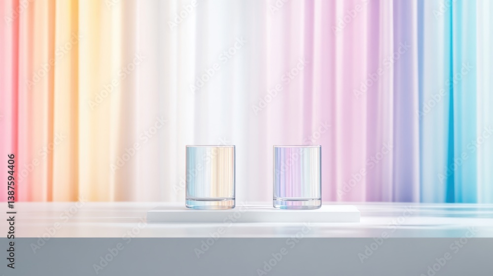 Two iridescent glasses sit on a white surface. A pastel-colored curtain forms the background. The image is high-quality, with soft lighting. Its minimalist style evokes a calm mood. Pastel colors c Two iridescent glasses sit on a white surface. A pastel-colored curtain forms the background. The image is high-quality, with soft lighting. Its minimalist style evokes a calm mood. Pastel colors c
