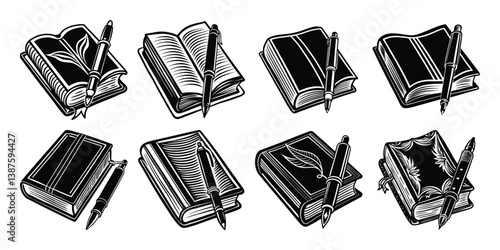 Books vector silhouette set white paper clip art