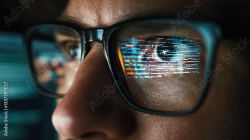 Wallpaper Mural Code Reflection: A close-up captures a person's eyes behind eyeglasses, where programming code reflects, symbolizing a focus on technology and the digital world. Torontodigital.ca