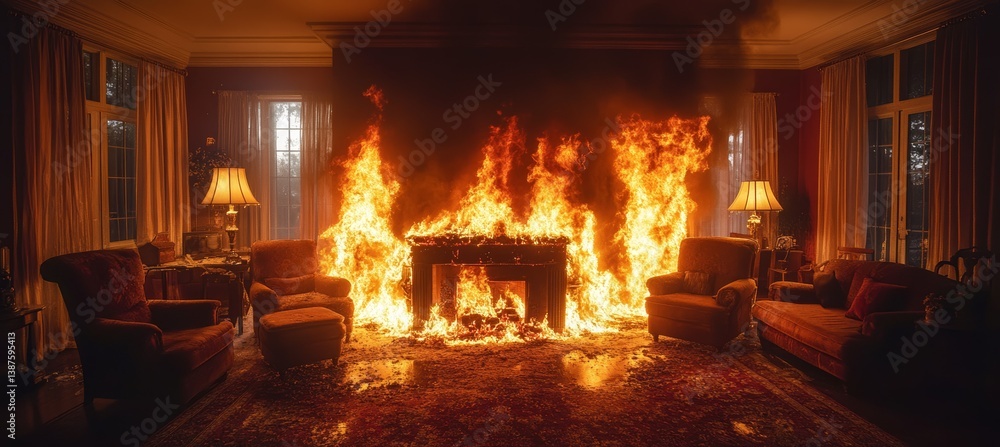 Home living room on burning fire. Accident destruction. Generative AI technology.