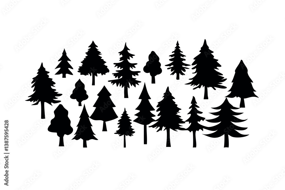 Fototapeta premium Black silhouette of multiple pine trees against a white background, ideal for nature themed illustrations