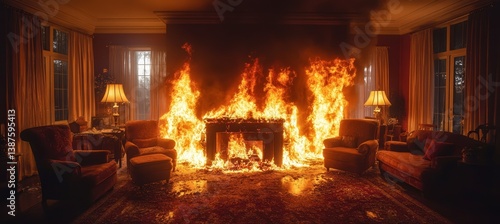 Obraz na płótnie Home living room on burning fire. Accident destruction. Generative AI technology.
w salonie
