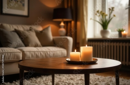 Cozy living room with lit candles and comfortable sofa near window