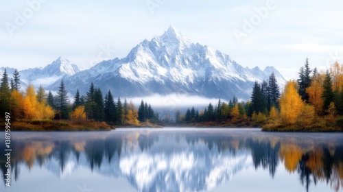 Majestic mountain peak reflected in tranquil lake, autumnal colors
