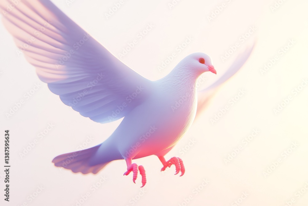 Fototapeta premium White dove with outstretched wings soars peacefully through light. 