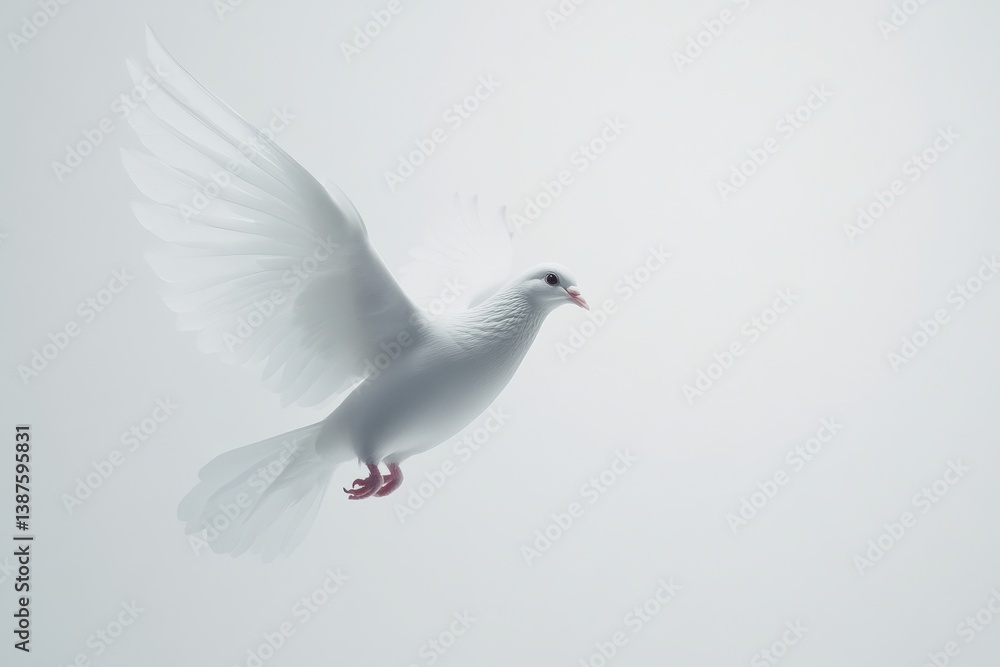 Fototapeta premium White dove with open wings flying gracefully on a light background