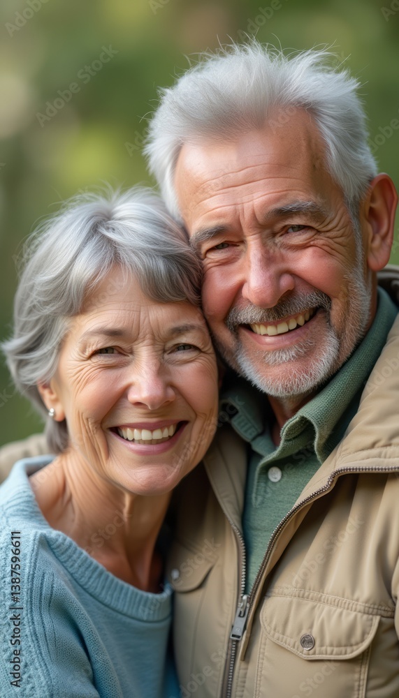 An affectionate elderly couple, with silver hair and bright smiles, share a loving embrace in a tranquil outdoor environment. Their expressions radiate joy and companionship, capturing the essence of An affectionate elderly couple, with silver hair and bright smiles, share a loving embrace in a tranquil outdoor environment. Their expressions radiate joy and companionship, capturing the essence of