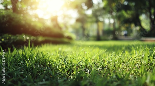 Close-up view of the beautiful green meadows in the park, with a blurred background providing ample room for reproduction. The photo is of high quality, with cinematic lighting, and cinematic detail