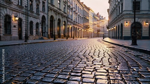 AI-generated of a quiet, empty European cobblestone road with architectural buildings in golden hour