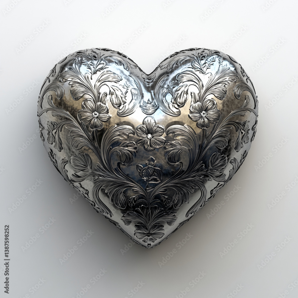 Metal heart with floral engraving, 3D rendering, showcasing ornate detail, symbolic of love, romance, Valentine's Day, or eleganceFree space for text Metal heart with floral engraving, 3D rendering, showcasing ornate detail, symbolic of love, romance, Valentine's Day, or eleganceFree space for text