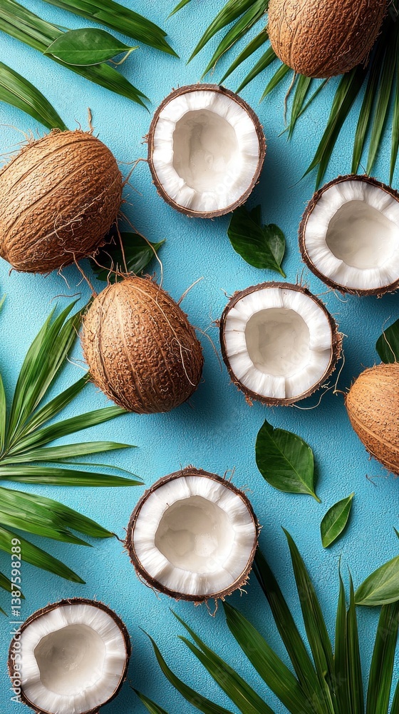 Fresh coconuts and tropical leaves Fresh coconuts and tropical leaves