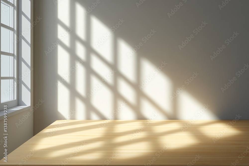 Fototapeta premium Sunlight shining through window casts shadows on wall and wooden surface