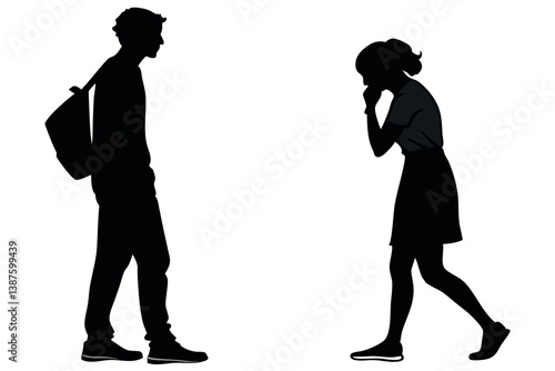 Couple communicating through silent dialogue, focusing on body language and emotion, in a minimalist design